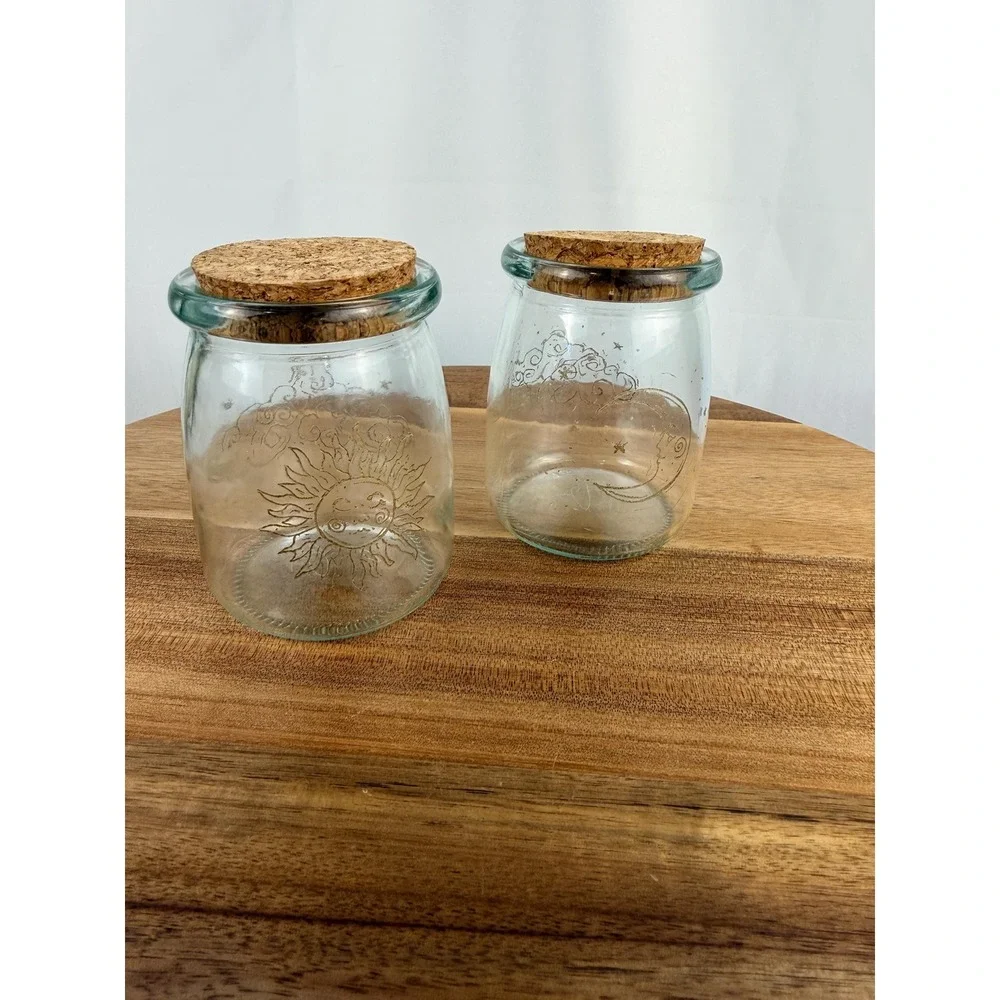 Set of 2 Hand Etched Celestial Glass Jars Cork Lids Sun Moon Apothecary Bottles